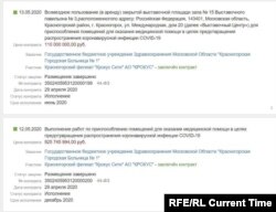 Two contracts from Russia's government procurement portal for Krasnogorsk City Clinical Hospital No. 1's rental of pavilion number 15 in the Crocus Expo center and for the conversion of the facility into a space for the treatment of coronavirus patients.